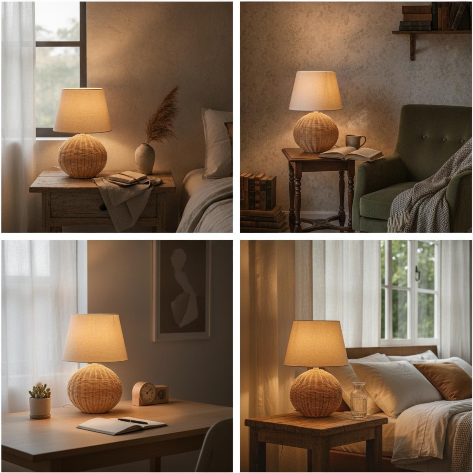 Bedside Lamp Rattan Base Fabri - Decor Lighting Table Lamps 评论和价格